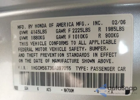 2006 Honda Accord 2.4 Ex from USA, damaged, VIN 1HGCM56736A097055